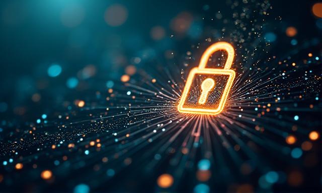 Digital lock icon over a secure network backdrop, representing cybersecurity