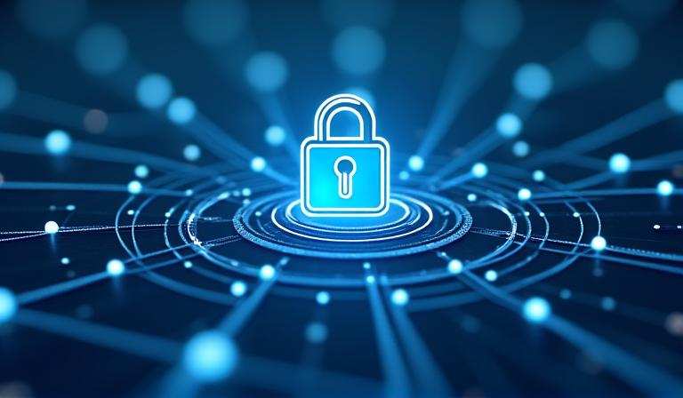 Abstract image representing secure data network with cybersecurity padlock