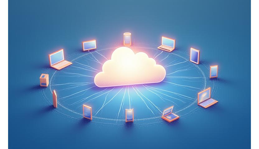 Cloud computing concept with connected devices floating around a central cloud icon