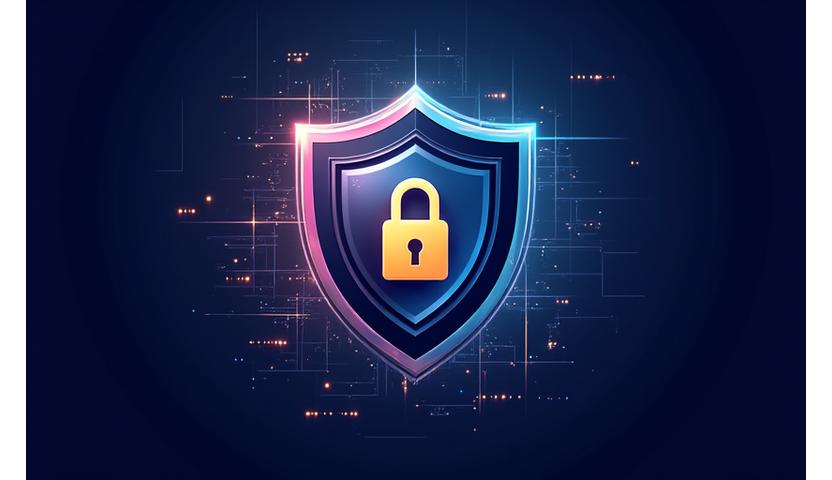 Digital shield icon with a padlock, symbolizing cybersecurity and data protection