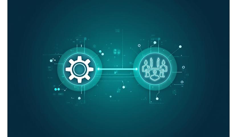Interconnected business software icons for ERP and CRM, with a focus on data synchronization
