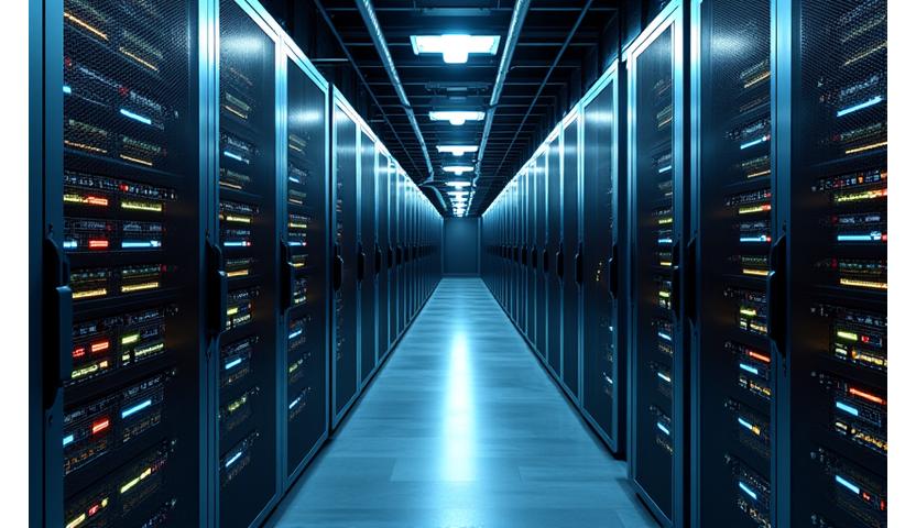 Server racks and network cables, representing robust IT infrastructure and development