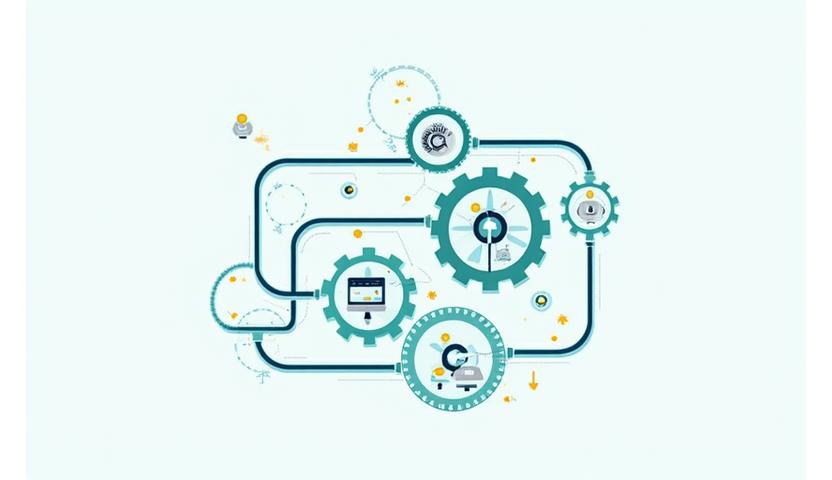 Flowchart with gears and arrows, symbolizing streamlined business processes