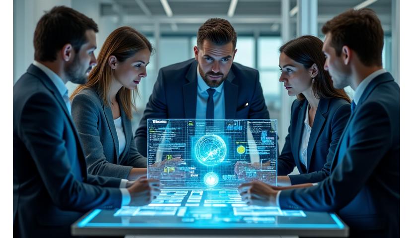 Team collaborating around a futuristic holographic interface, symbolizing strategic planning and innovation